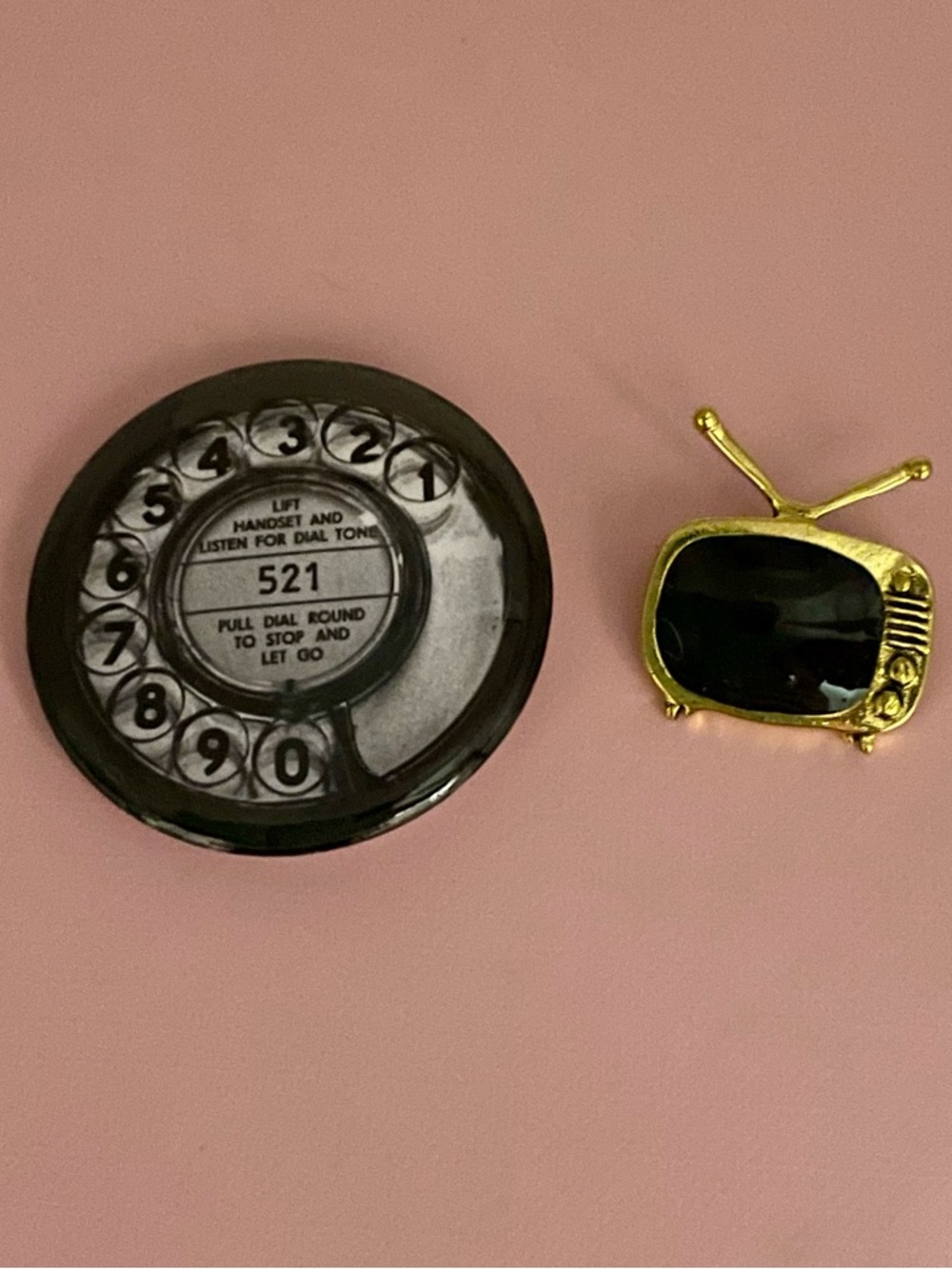 Fun Retro Pins- Black Rotary Phone Dial and a Vintage TV with Rabbit Ears